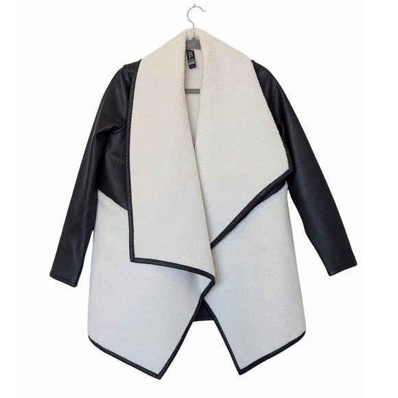 NWT SPANX Fleece & Faux Leather Long Wrap Jacket Very Black Snow Drape Front - Picture 4 of 11